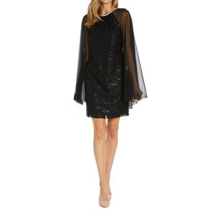 R&M Richards Cape Sheath Dress Women 4P Black Sequin Lace Rhinestone NWT